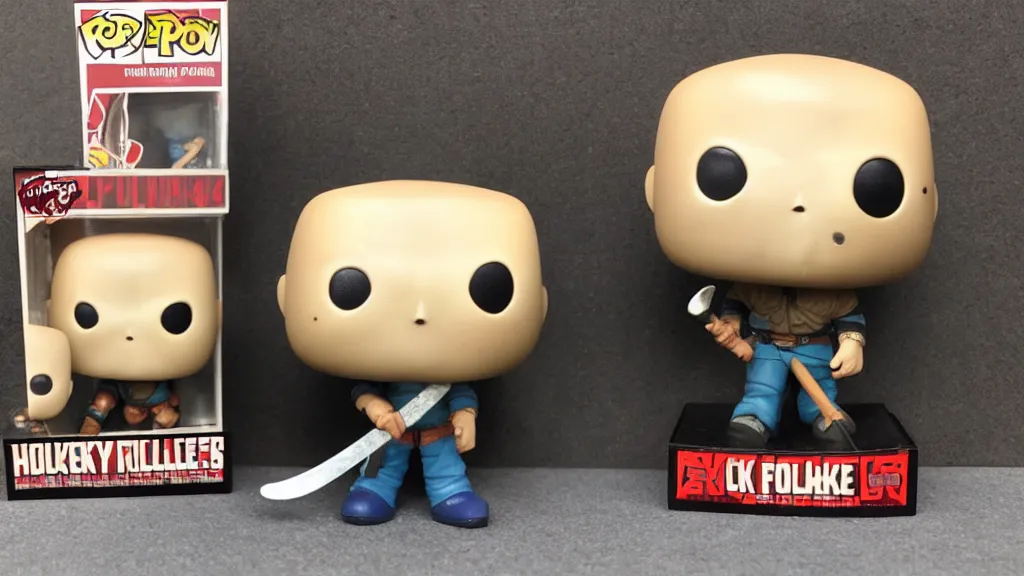 Image similar to a Funko Pop Collectible of Jason Voorhees. Wearing hockey mask, holding axe.