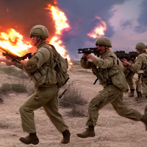 Image similar to american soldiers running at the camera with rifles during normandy beach landing with fiery explosions and debris and dead bodies and limbs all around them in the style of the movie up, gritty, 4 k, cinematic lighting,