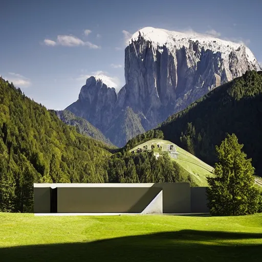 Image similar to lush and beautiful green mountain landscape, with a brutalist futuristic building, architecture, unpainted concrete, swiss alps, dolomites, by aalto alvar, by ando tadao, by chipperfield david, frank lloyd wright, by peter zumthor