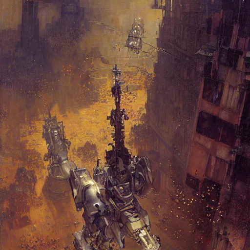 Image similar to six meters tall mech fighting in an urban environment, epic action scene, by gaston bussiere craig mullins jc leyendecker gustav klimt artgerm greg rutkowski john berkey, bergey, craig mullins, ruan jia, raymond swanland, jeremy mann, tom lovell, alex malveda