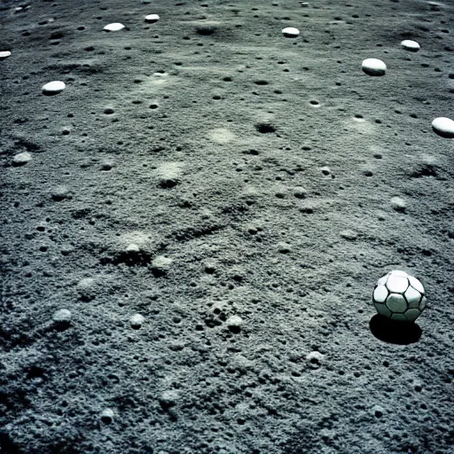 Image similar to a photography of a green soccer pitch on the moon, extreme long shot, realistic