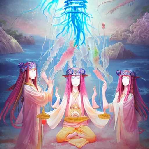 Image similar to A painting of priestesses worshipping at the jellyfish temple, shrouded in mist, jellyfish god, jellyfish priestess, jellyfish shrine maiden, 8K, illustration, art by WLOP and rossdraws and Logan Cure and Mingchen Shen and BangkuART and sakimichan and yan gisuka and JeonSeok Lee and zeronis and Chengwei Pan, smoke, undersea temple with fish, cinematic, insanely detailed and intricate, hypermaximalist, elegant, super detailed, award-winning, fuschia and vermillion and cyan, rainbow accents, mysterious, ancient, ritual, trending in cgsociety, artstation HQ, ornate, elite, haunting, matte painting, beautiful detailed, insanely intricate details, dreamy and ethereal, otherworldly