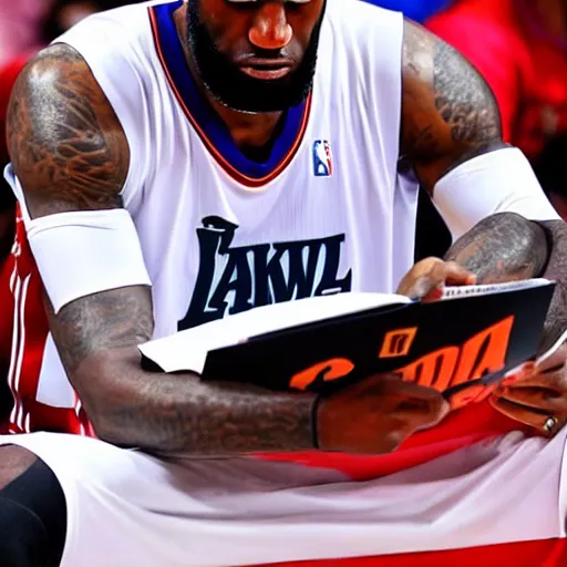 Image similar to professional close up shot photograph of lebron james reading a book while in an nba game, wearing nba jersey, standing, award - winning photograph, highly detailed, dramatic posing, 8 k quality, high quality