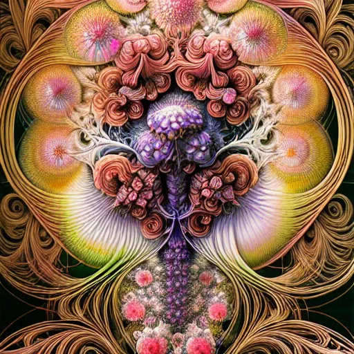 Prompt: an ultra hd detailed painting of many different types of flowers by Android Jones, Earnst Haeckel, James Jean. behance contest winner, generative art, Baroque, intricate patterns, fractalism, rococo