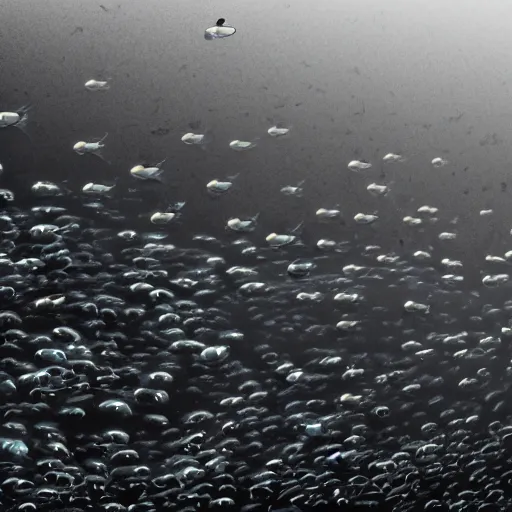 Image similar to hundreds of tiny monster fish with black eyes looking up from the foggy deep water, hyper realistic,