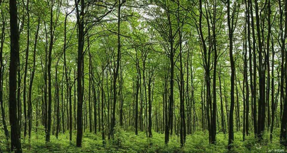 Prompt: deep inside an orderly forest, under the canopy of evenly spaced trees