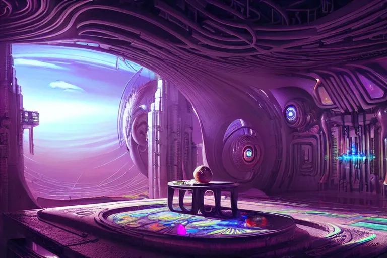 Image similar to a beautiful painting of an elaborate utopian sci - fi scene painted by hr giger and lisa frank, detailed, unreal engine, 4 k octane render, volumetric lighting, shadows, reflections