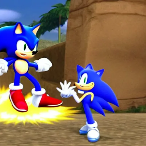 Prompt: Sonic fighting a velociraptor in super smash bros