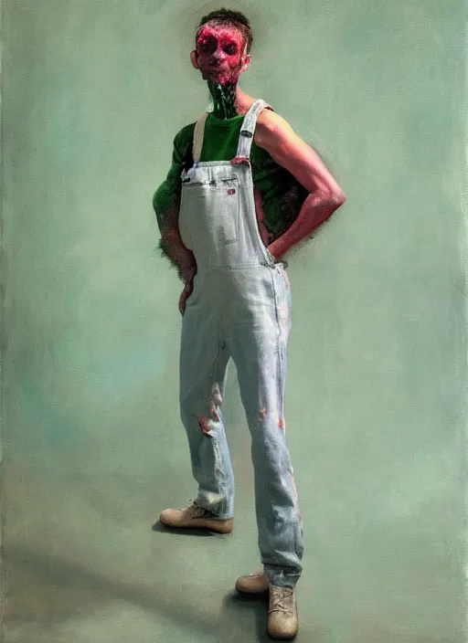 Image similar to an expressive skinny artist wearing overalls physically fighting with a ghost, inside a grand studio, depth of field, hauntingly surreal, highly detailed oil painting, by francis bacon, edward hopper, adrian ghenie, glenn brown, soft light 4 k, green and pink colour palette, cinematic composition, cinematic lighting, high quality octane render, masterpiece