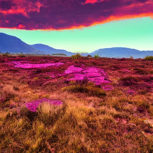 Prompt: the sky is a deep purple, with swirls of pink and orange. the ground is red and rocky, with strange plants growing in patches. there is a river of green liquid, and in the distance, you can see a mountain range.