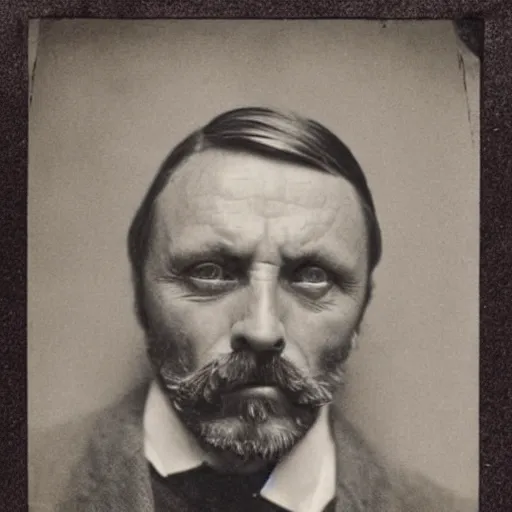 Image similar to headshot edwardian photograph of anthony hopkins, mads mikkelsen, arthur shelby, terrifying, scariest looking man alive, 1 8 9 0 s, london gang member, slightly pixelated, intimidating, fearsome, realistic face, peaky blinders, 1 9 0 0 s photography, 1 9 1 0 s, grainy, blurry, very faded!