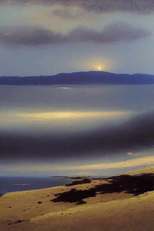 Prompt: Donegal landscape after the storm, the sea is shimmering, arkhip kuindzhi, twilight,