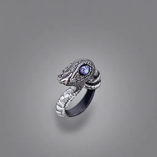 Prompt: Snake-shaped ring twisted on finger with sapphire eyes and diamond-covered body
