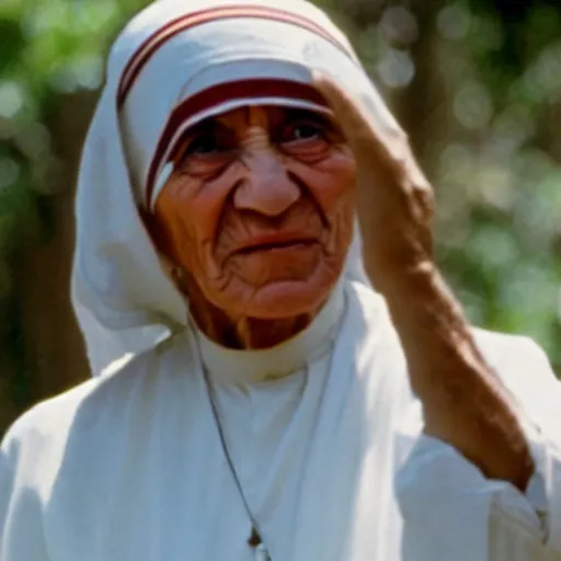 Image similar to A still of Mother Teresa in Rambo First Blood