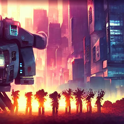 Image similar to Bob Ross style painting of androids conquering a cityscape on fire, 4K resolution, octane render, low angle perspective, high quality, cyberpunk mecha warrior, breathtaking composition