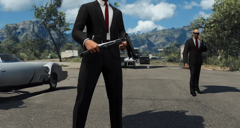 Image similar to Screenshot of a 3d Sterling Archer from the show Archer in the videogame 'Hitman 3' (2021). High-detailed NPC screenshot. Fancy black suit. Luxury environment. Sharpened. 1080p. High-res. Ultra graphical settings.