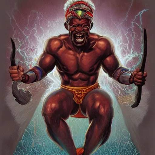 Prompt: shango, african god of thuder with electric eyes, violent thunderstorm!!, dim light, front game card, marvel comics, dark, intricate, highly detailed, smooth, artstation, digital illustration by jeff easley and mandy jurgens and artgerm and wayne barlowe and greg rutkowski and tim hilderbrandt