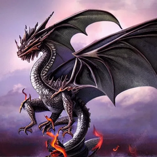 Prompt: realistic flying dragon with knight riding it, dragon spits fire,