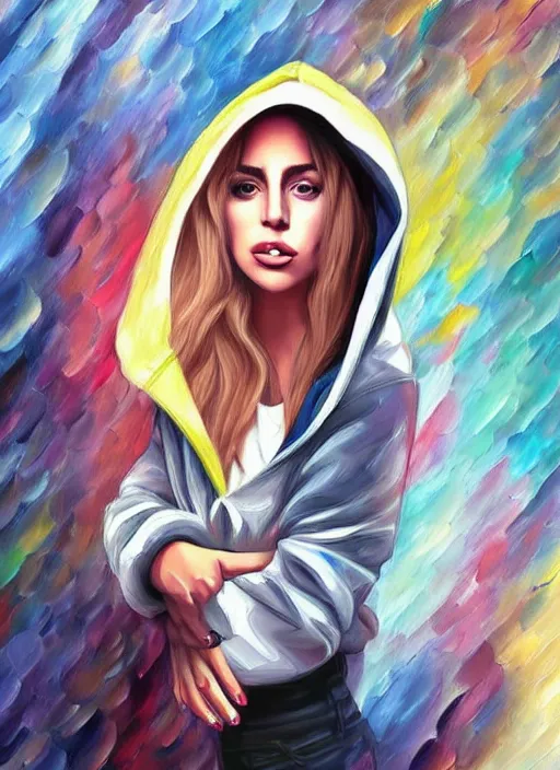 Image similar to lady gaga,, gray hoodie, jeans, tiara, half body shot, path traced, highly detailed, high quality, digital painting, alena aenami, leonid afremov, lilia alvarado, shinji aramaki, karol bak, alphonse mucha, tom bagshaw