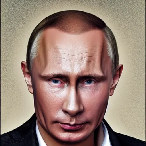 Image similar to a realistic 85 mm portrait of Vladimir Putin with girl makeup on his face, hyperrealistic, cinematic,