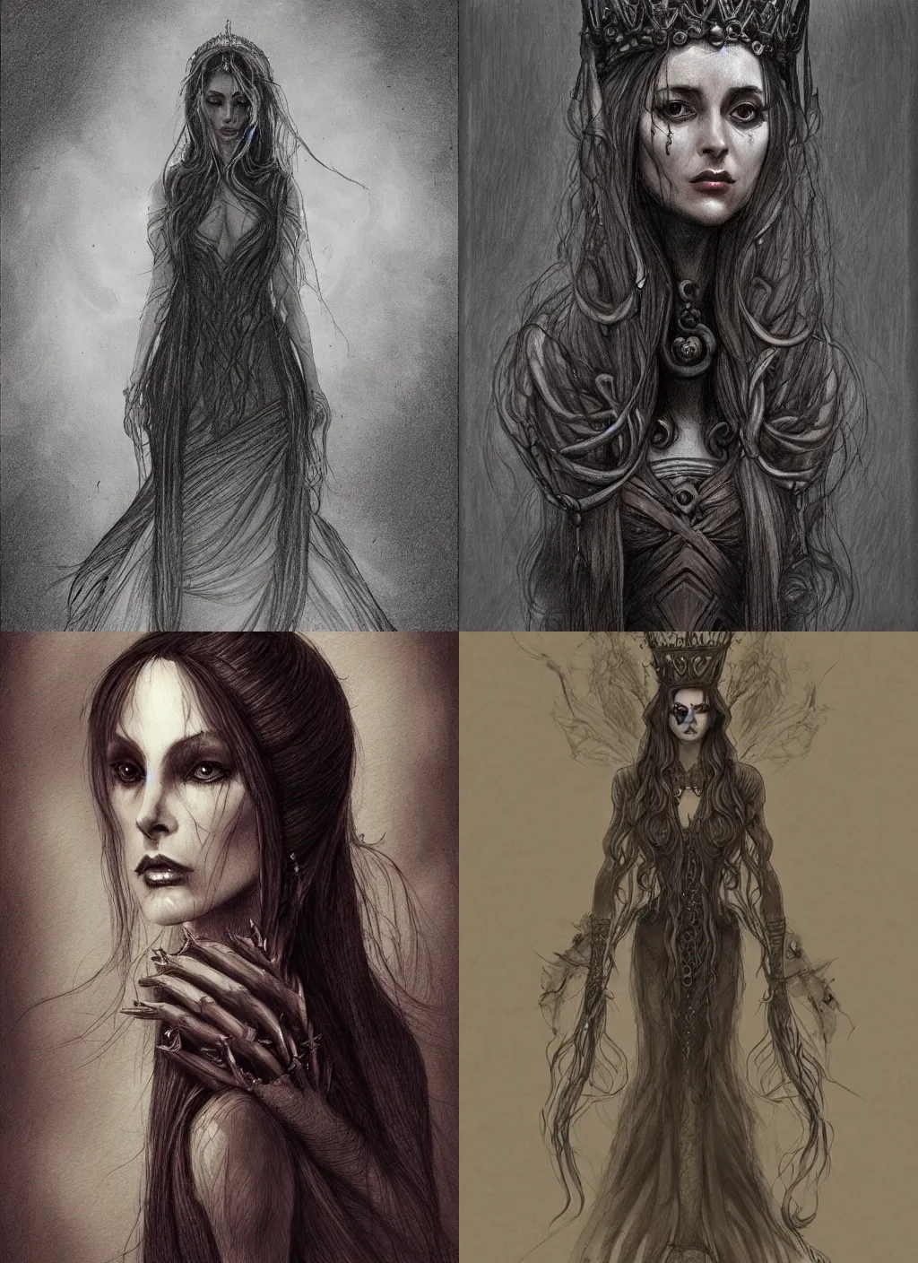 Prompt: a drawing of a queen with long hairs in the style of marc simonetti and emil melmoth, cinematic lighting