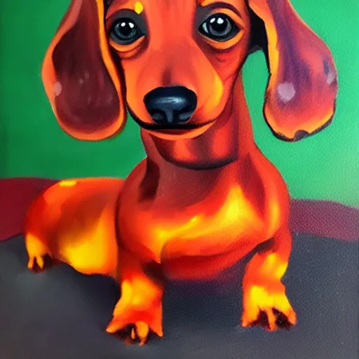 Image similar to fire elemental dachshund, oil painting