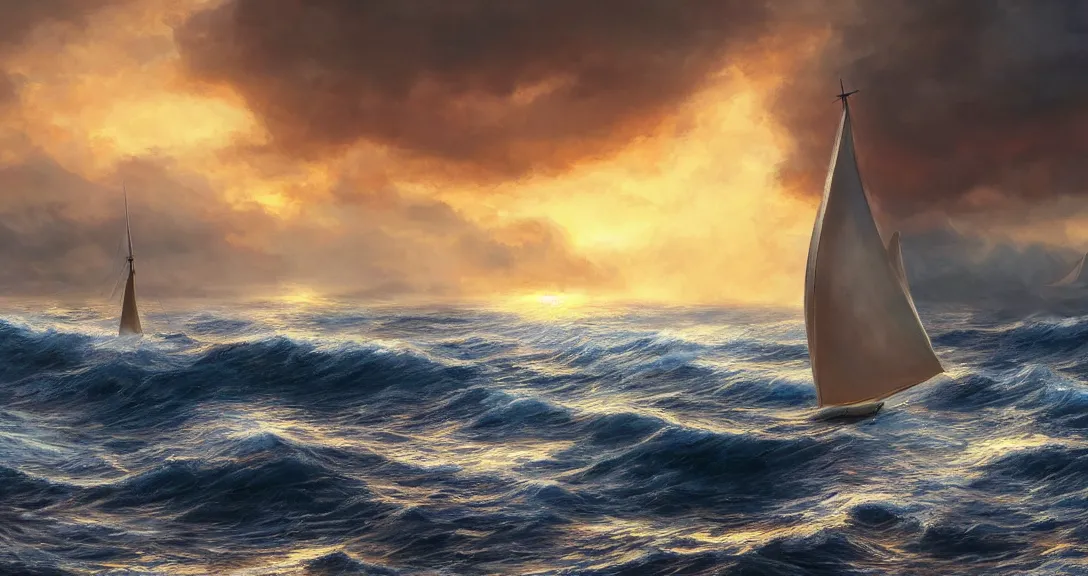 Prompt: sunrise over an stormy ocean, single sailboat, one mast, hyperdetailed oilpainting, ntricate, volumetric lighting, scenery, digital painting, highly detailed, artstation, sharp focus,