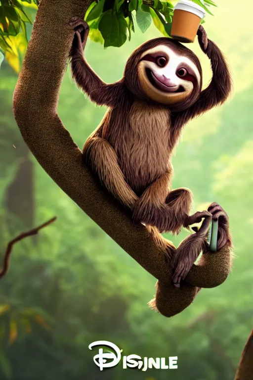 Prompt: one happy sloth climbing a tree in a tropical forest holding one cup of coffee on his hand . Pixar Disney 4K 3d render funny animation movie Oscar winning trending on ArtStation and Behance. Ratatouille style.