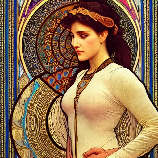 Prompt: a beautiful portrait of a woman inspired by the ishtar gate in ancient babylon. highly detailed face. art by alphonse mucha