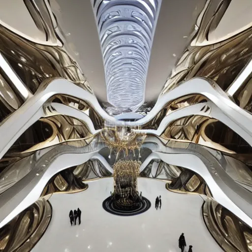 Image similar to extremely detailed ornate stunning beautiful elegant futuristic museum lobby interior by Zaha Hadid