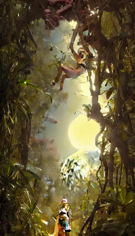 Image similar to hyper realistic alien, lush plants, full moon, light rays, gnarly trees by tom bagshaw, mucha, gaston bussiere, craig mullins, j. c. leyendecker 8 k