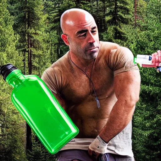 Prompt: Joe Rogan carrying a giant syringe of full of green liquid that says \'IVERMECTIN\' while riding atop an elk