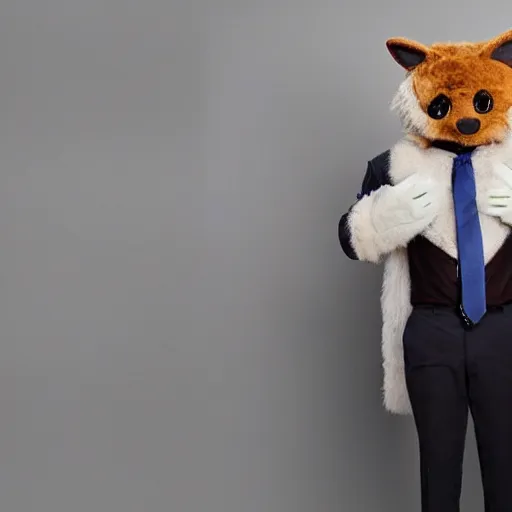 Prompt: furry wearing suit trying to stop pants from bulging art