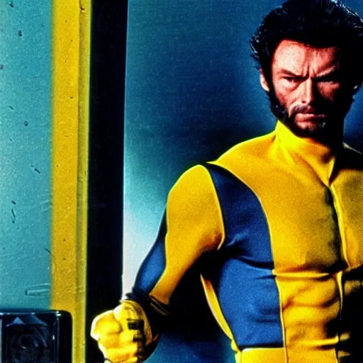 Image similar to 8 0 s, vhs, vintage movie, grain, clint eastwood as wolverine in blue and yellow costume,