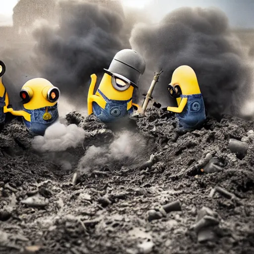 Image similar to minions firing a mortar from a mortar pit, debris and dirt flying from recoil, smoke, war photography