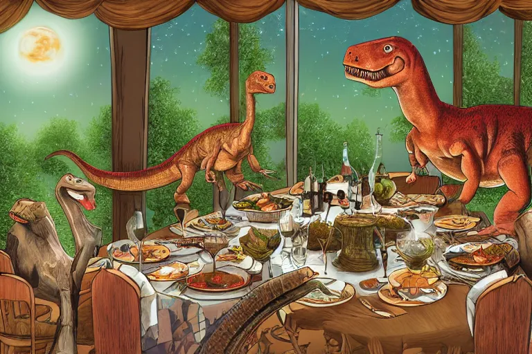 Image similar to a high quality highly detailed illustration of a dinosaur at a fancy dinner by mark teague, digital art, award winning childrens book