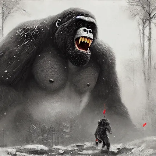 Prompt: angry and aggressive king kong in winter moscow, digital painting, very detailed, art by jakub rozalski and artgerm