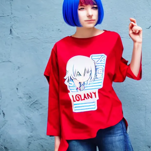 Prompt: An anime girl in a blue red and white colored shirt with text that says Slovenia.