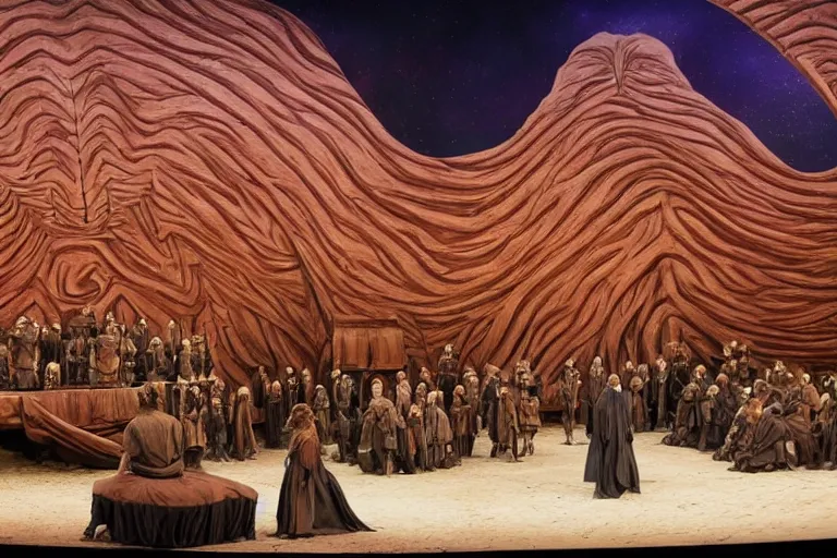 Prompt: photo of a huge theaterstage, play is dune, 3 actors on stage, 8 k, multicolored, exaggerated detailed, long shot