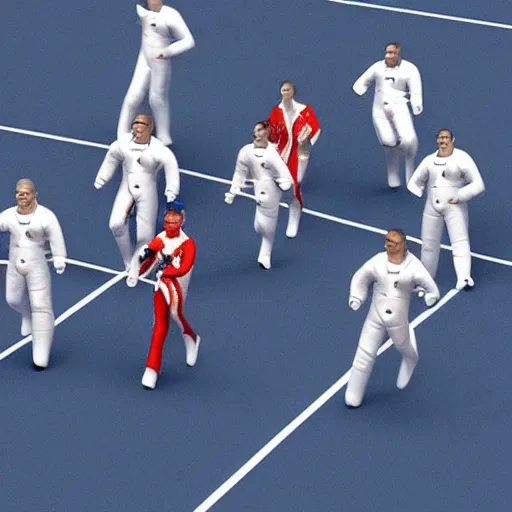 Image similar to 5 space astronauts in spacesuits running in a relay race in a stadium, each astronaut in different colors, olympic relay race. athens games