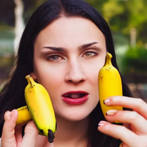 Image similar to close up photography of a woman that is about to bite into a banana, profile, close camera