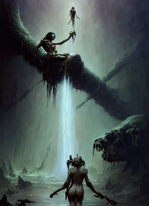 Image similar to shackled in styx river of the underworld, frank frank frazetta and cgsociety, stunning sasquatch, charlie bowater and tom bagshaw, insanely detailed, deviantart, space art, atoms surrounded by skulls, death, and spirits deep water, blood splatters, horror, sci - fi, surrealist painting, by peter mohrbacher