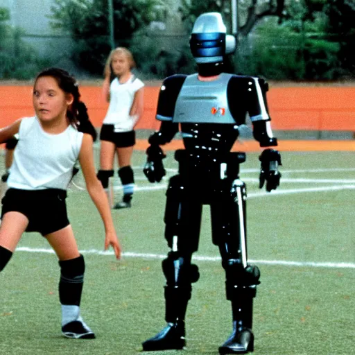 Image similar to robocop 1 9 8 4 coaching a girls'soccer team