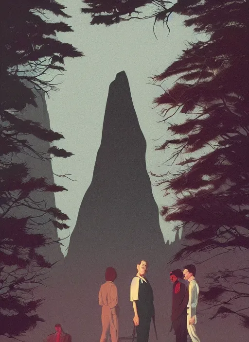 Prompt: Twin Peaks poster artwork by Michael Whelan and Tomer Hanuka, Rendering of men in shadows from scene from Twin Peaks, full of details, by Makoto Shinkai and thomas kinkade, Matte painting, trending on artstation and unreal engine