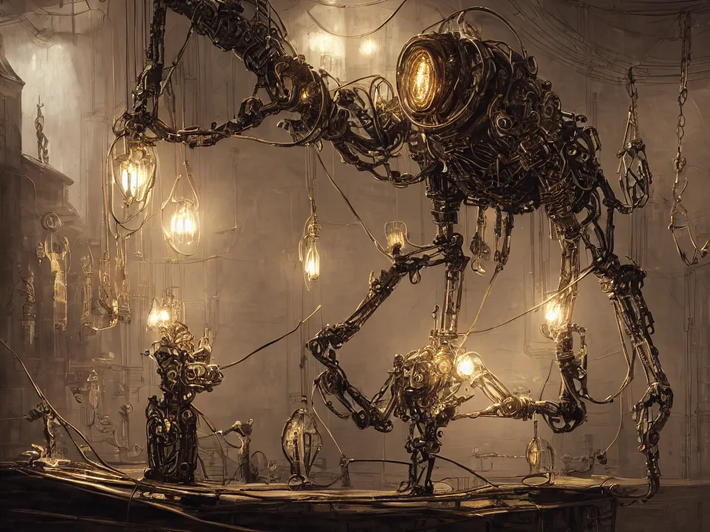 Prompt: concept art of a giant mechanical puppet made of brass and gold, hanging from wires in a dark moody interior, puppet, ornate, engraved highly detailed, fantasy, render, digital painting, raytracing, unreal engine, trending on artstation, illustration, in the style of piotr jablonski, artgerm and greg rutkowski, dishonored, arkane lyon