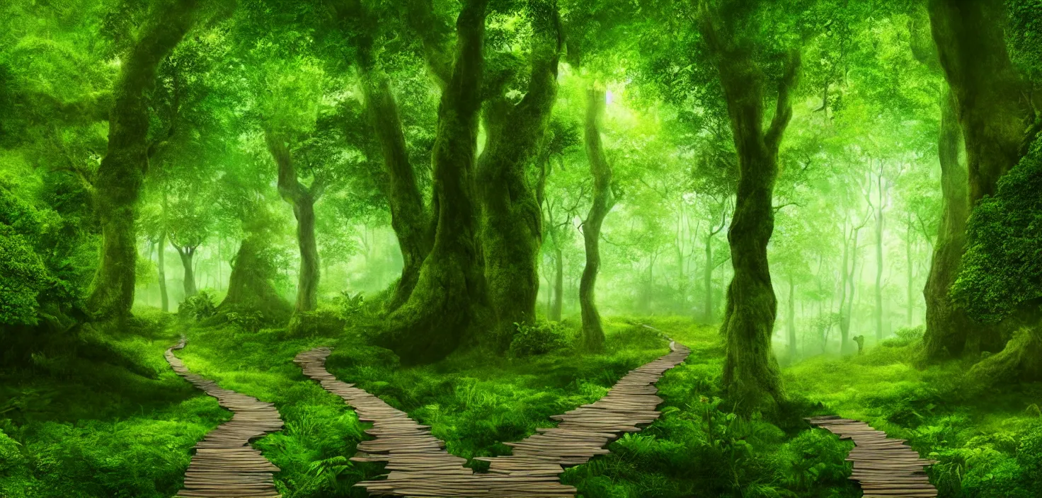 Image similar to a wooden path in the middle of a lush green forest, a detailed matte painting by john eyre, shutterstock contest winner, magical realism, enchanting, matte painting, mystical