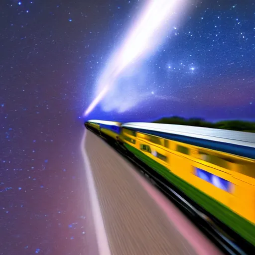 Prompt: A train going through space, 4K, professional photography