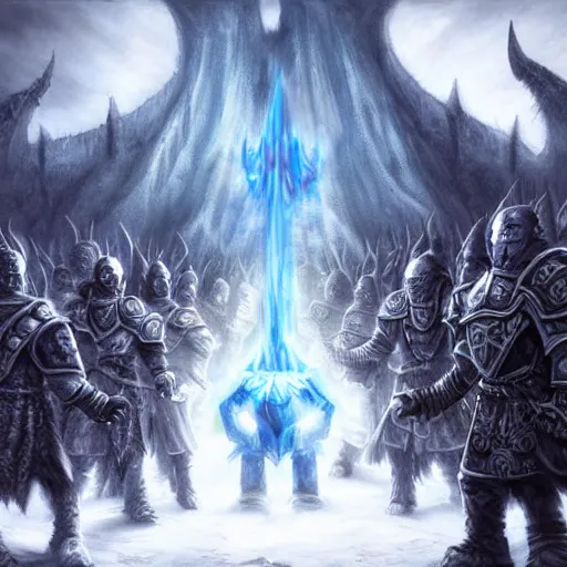 Image similar to vast ice dungeon, the lich king summoning a horde of undead warriors, warcraft, warcraft artwork, digital drawing, hyperrealistic, hyper detailed, dark fantasy, gritty