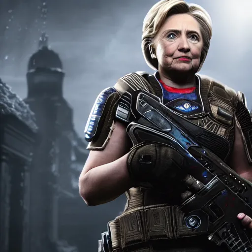 Image similar to hillary clinton in gears of war, splash art, movie still, cinematic lighting, dramatic, octane render, long lens, shallow depth of field, bokeh, anamorphic lens flare, 8 k, hyper detailed, 3 5 mm film grain