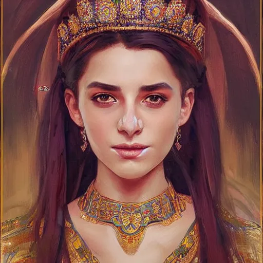 Image similar to portrait of a stunningly beautiful kurdish queen wearing a beautiful crown, highly detailed, digital painting, artstation, concept art, sharp focus, illustration, art by artgerm and greg rutkowski and alphonse mucha, incredibly beautiful and symmetrical face, incredibly detailed, award winning art, royal